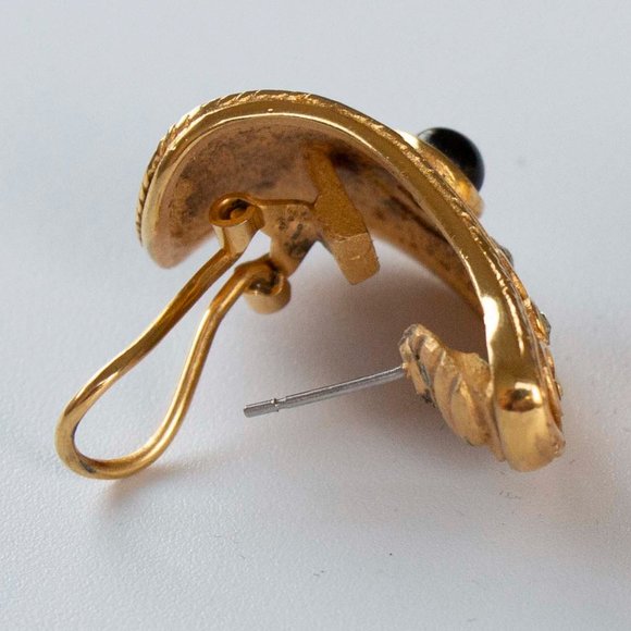 Filigree Textured Studded Gold English Lock Earrings - Picture 2 of 2